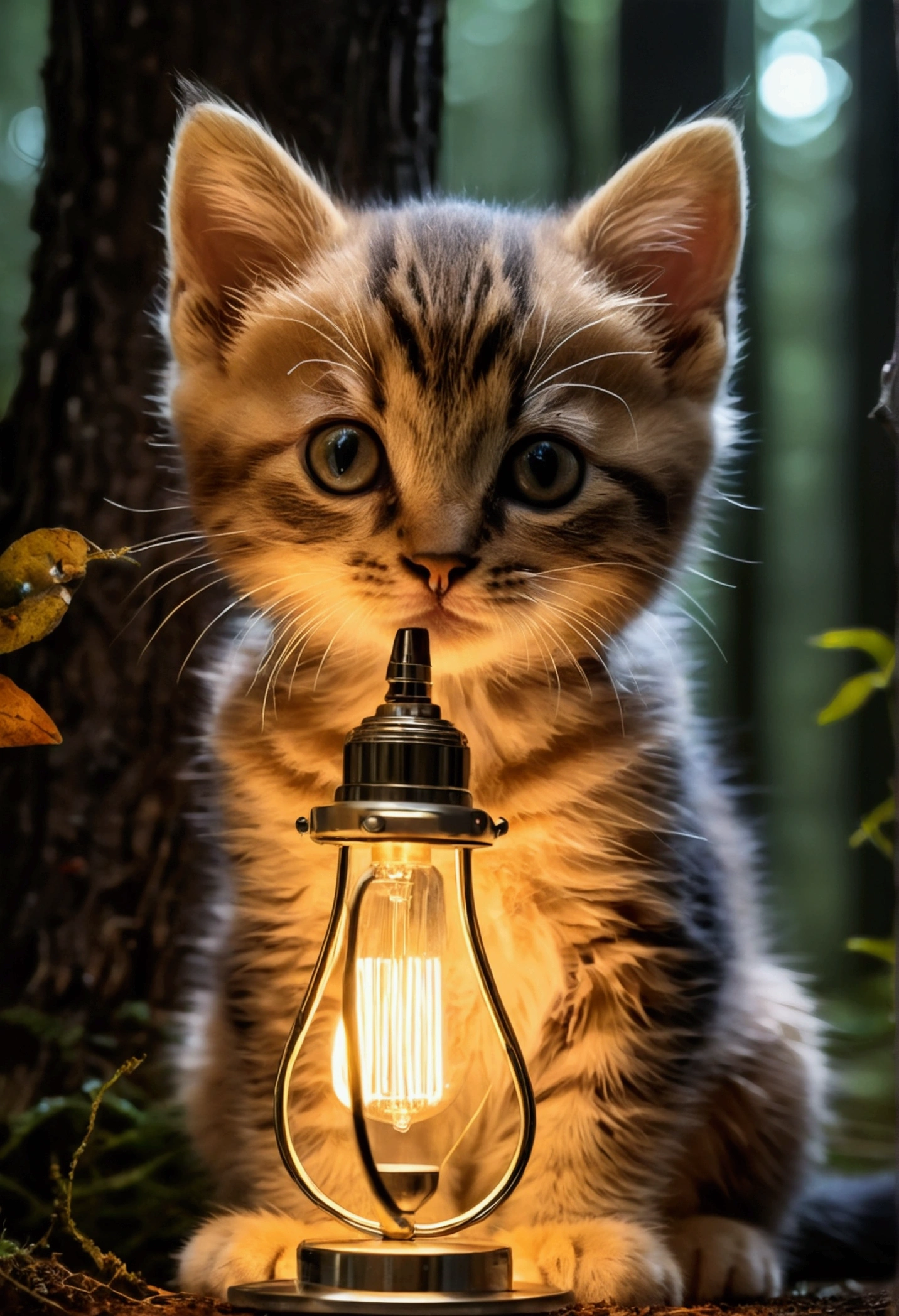Very cute close up of a kitten sitting in the woods, Soft Volume Lamp (Retro Illuminasan: 1.3), (Kinesiology: 1.2), Intricate details