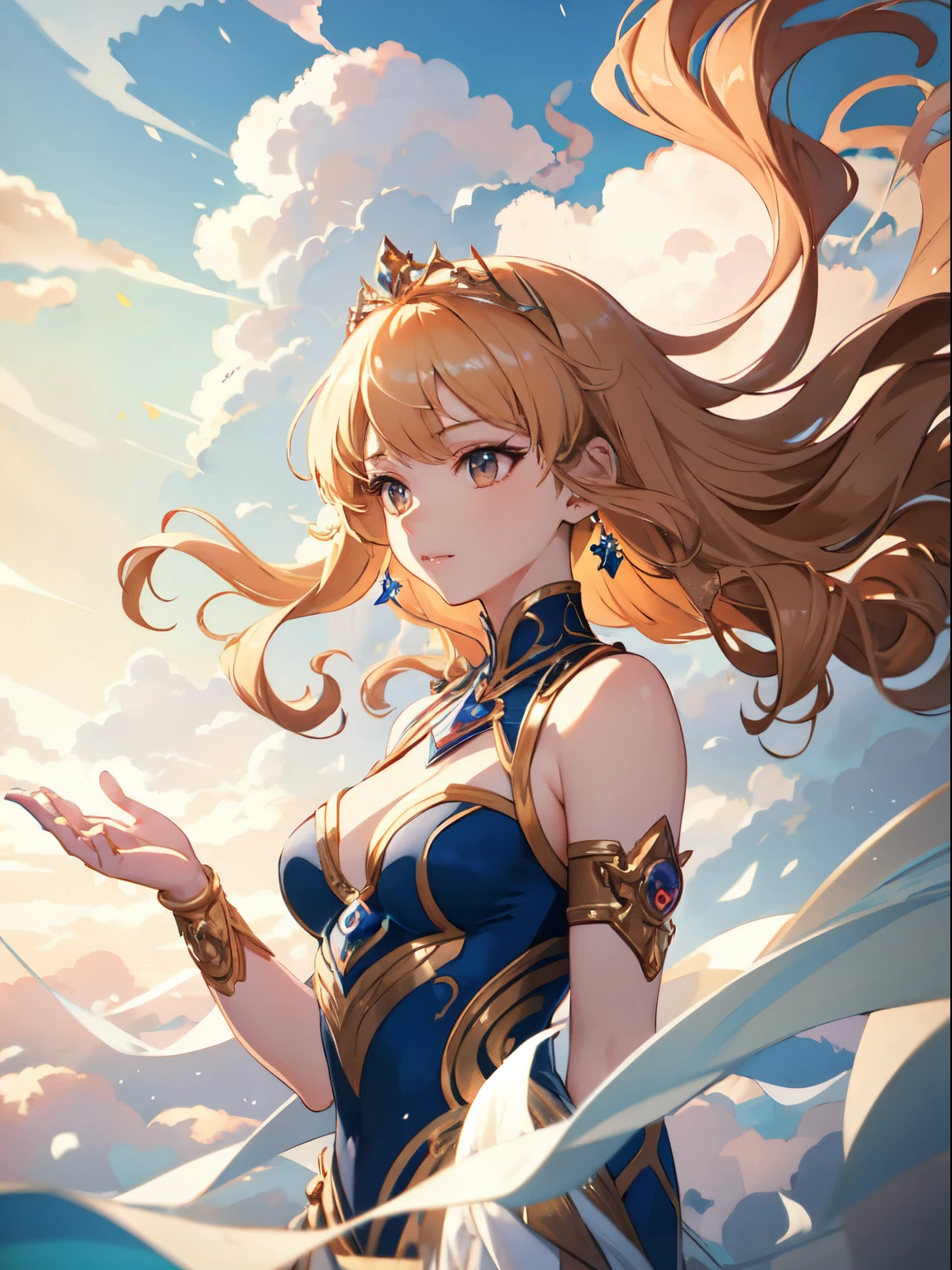 ((Highest quality)), ((masterpiece)), (detailed), Perfect Face, Perfect Arms, Perfect hands, Perfect Fingers, anime, Ultra-fine illustration, ((One beautiful woman)), (Arms at your sides:1.3), Glamorous figure, Curly Hair, ((goddess)), (Above the Clouds:1.3), (Floating:1.5), (Light effects:1.3), sun, blue sky, skyline, Upper Body Shot,