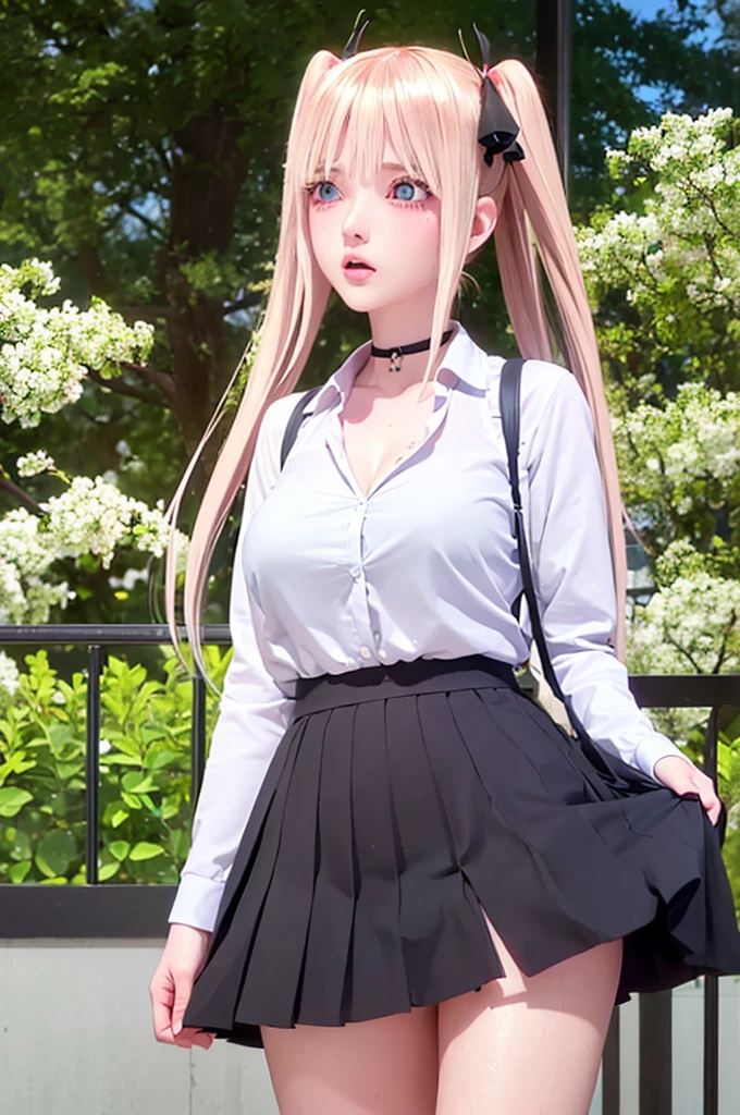 One girl,masterpiece,Highest quality,Blonde,stockings,Checked skirt),Short skirt JK,,Are standing,In total length,Medium chest,Very detailed,[[Realistic]],Beautiful and attractive anime ,Enchanting anime girl,Swinging skirt,blue eyes, hair ornaments, Hair Ribbon,Show your forehead、Twin tails、Random color school girl uniform、Lace choker, short hair,,No bra,,Very detailed肌, Realistic texture、Very detailed顔, (Beautiful Fine Eyes, ,The girl has a toned figure., Intricate details,Closely、Embarrassed expression、blush、Shining Sweat、Perfect Skin,Sweat is noticeable in the cleavage、Sweating on thighs is noticeable、 Fair skin,Tight waist, Sweating profusely、Sweaty hair、Sweaty clothes、Sweaty、Visible sweat、Sweat-soaked hair、Athlete System、Cherry blossoms fluttering down、Silver Hair、Night cityscape。Reflection of light、moonlight
