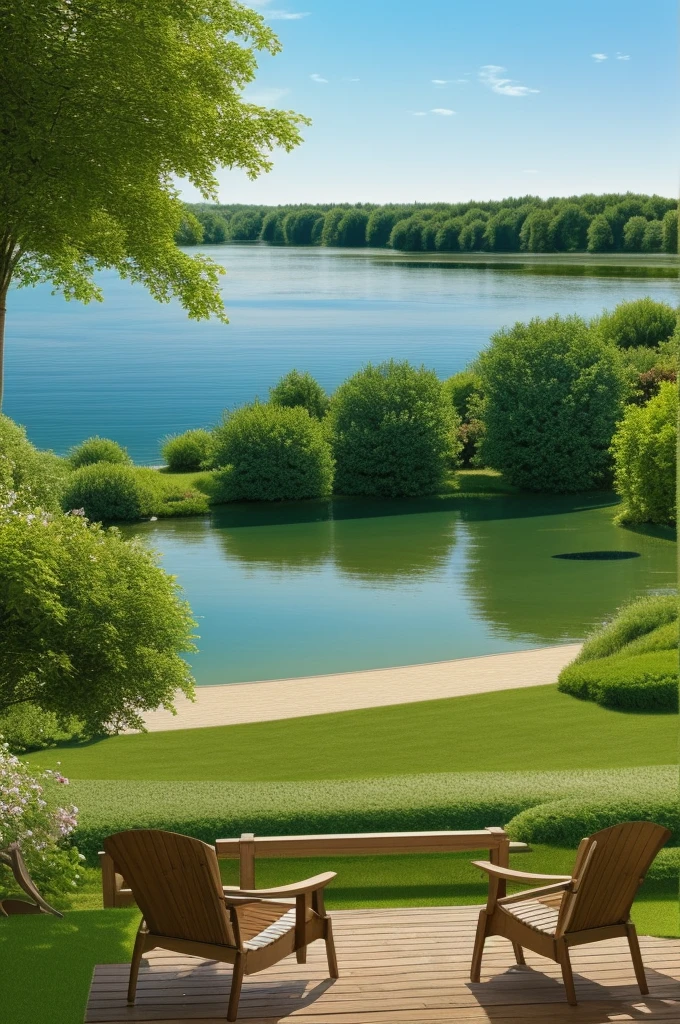 there is a table and chairs on the lawn by the water, a photorealistic rendering, idyllic cottage, pastoral backyard setting, beautiful render of a landscape, summer setting, by Ben Zoeller, summer lake setting, photorealistic landscape, soothing and cozy landscape, beautiful rendering, cottagecore, breathtaking render, masterpiece work of art, lake house, true realistic image