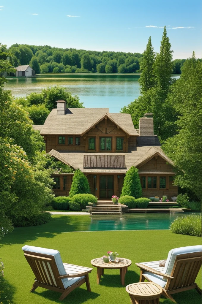 there is a table and chairs on the lawn by the water, a photorealistic rendering, idyllic cottage, pastoral backyard setting, beautiful render of a landscape, summer setting, by Ben Zoeller, summer lake setting, photorealistic landscape, soothing and cozy landscape, beautiful rendering, cottagecore, breathtaking render, masterpiece work of art, lake house, true realistic image
