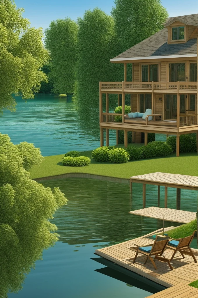 there is a table and chairs on the lawn by the water, a photorealistic rendering, idyllic cottage, pastoral backyard setting, beautiful render of a landscape, summer setting, by Ben Zoeller, summer lake setting, photorealistic landscape, soothing and cozy landscape, beautiful rendering, cottagecore, breathtaking render, masterpiece work of art, lake house, true realistic image