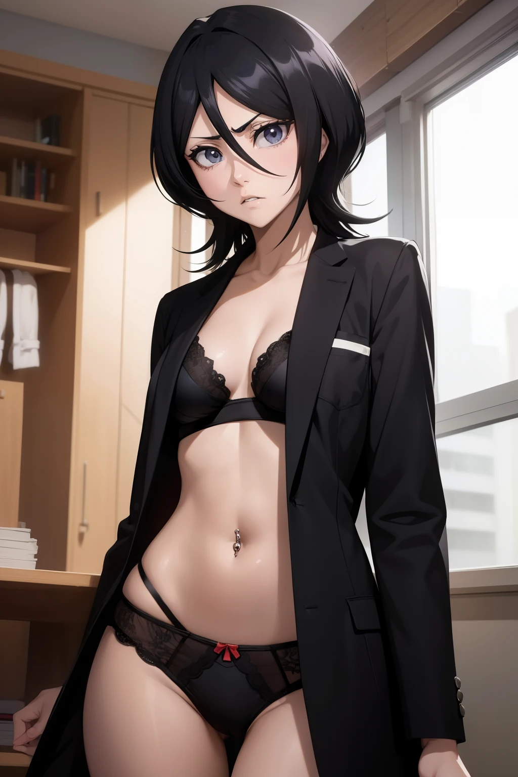 Rukia , anime , masterpiece  , Black color hair, jaqueta aberta open clothes  , bra,  pantie  , long socks,  disappointed face angry  , belly button piercing . 