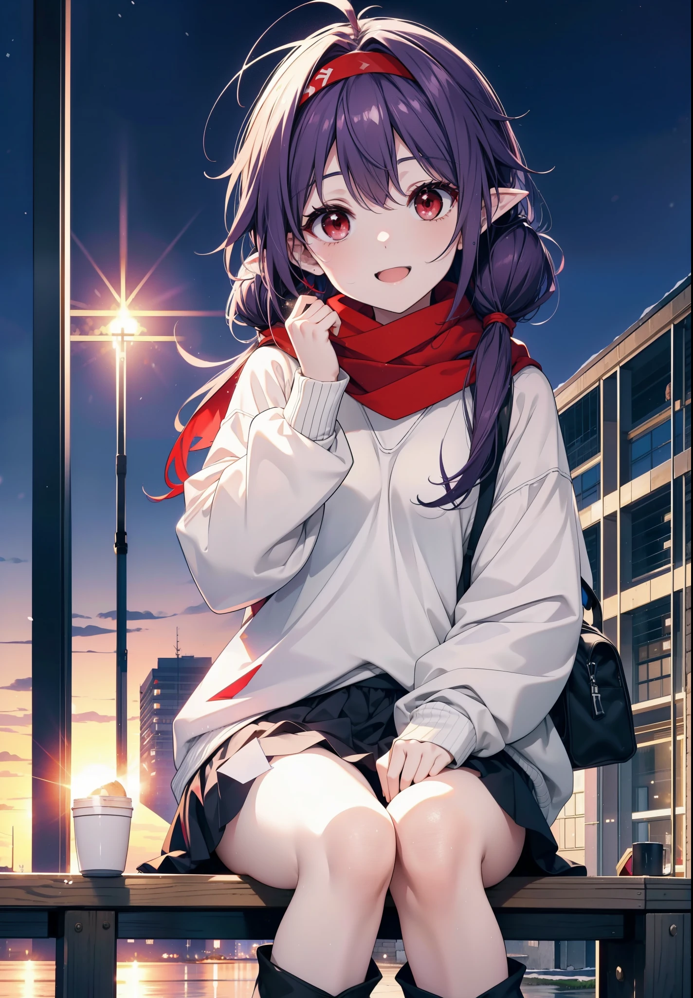 yuukikonno, Konno Yuuki, Long Hair, Pointed Ears, Purple Hair, (Red eyes:1.5), (Small breasts:1.2), Open your mouth,happy smile, smile, Open your mouth,hair band,low twin tail,Red Scarf,Oversized purple hoodie,Long skirt,Black pantyhose,short boots,Holding a paper cup of coffee in both hands,Sitting on a bench,snowが降っている,snowが降り積もっている,snow,snow,snow,snow,snowが積もった木,winter,Cold Sky,night,whole bodyがイラストに入るように,
break looking at viewer,  whole body,
break outdoors, garden,
break (masterpiece:1.2), Highest quality, High resolution, unity 8k wallpaper, (figure:0.8), (Beautiful attention to detail:1.6), Highly detailed face, Perfect lighting, Highly detailed CG, (Perfect hands, Perfect Anatomy),