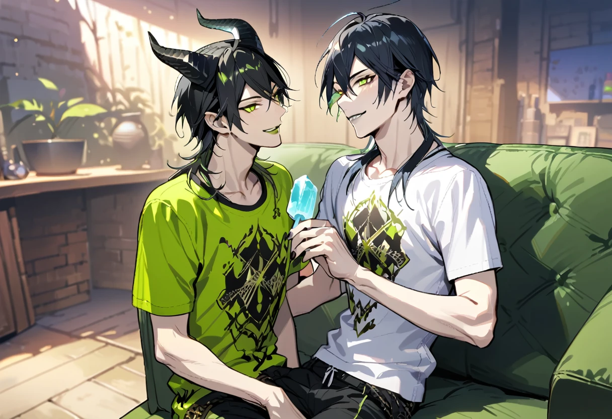 masterpiece, best quality, extremely detailed, anime , upper body, ((2boys)), BL, male focus, ikemen:1.5, looking at each other, holding ice candy, T-shirt, short sleeves, room, sitting on sofa,full body, malleus draconia (twisted wonderland) horns, bishounen, boy, male, yana Toboso style, long hair, black hair, yellow green eyes, smile, gray lips, handsome, skinny, tall, yellow green glow,AddXL