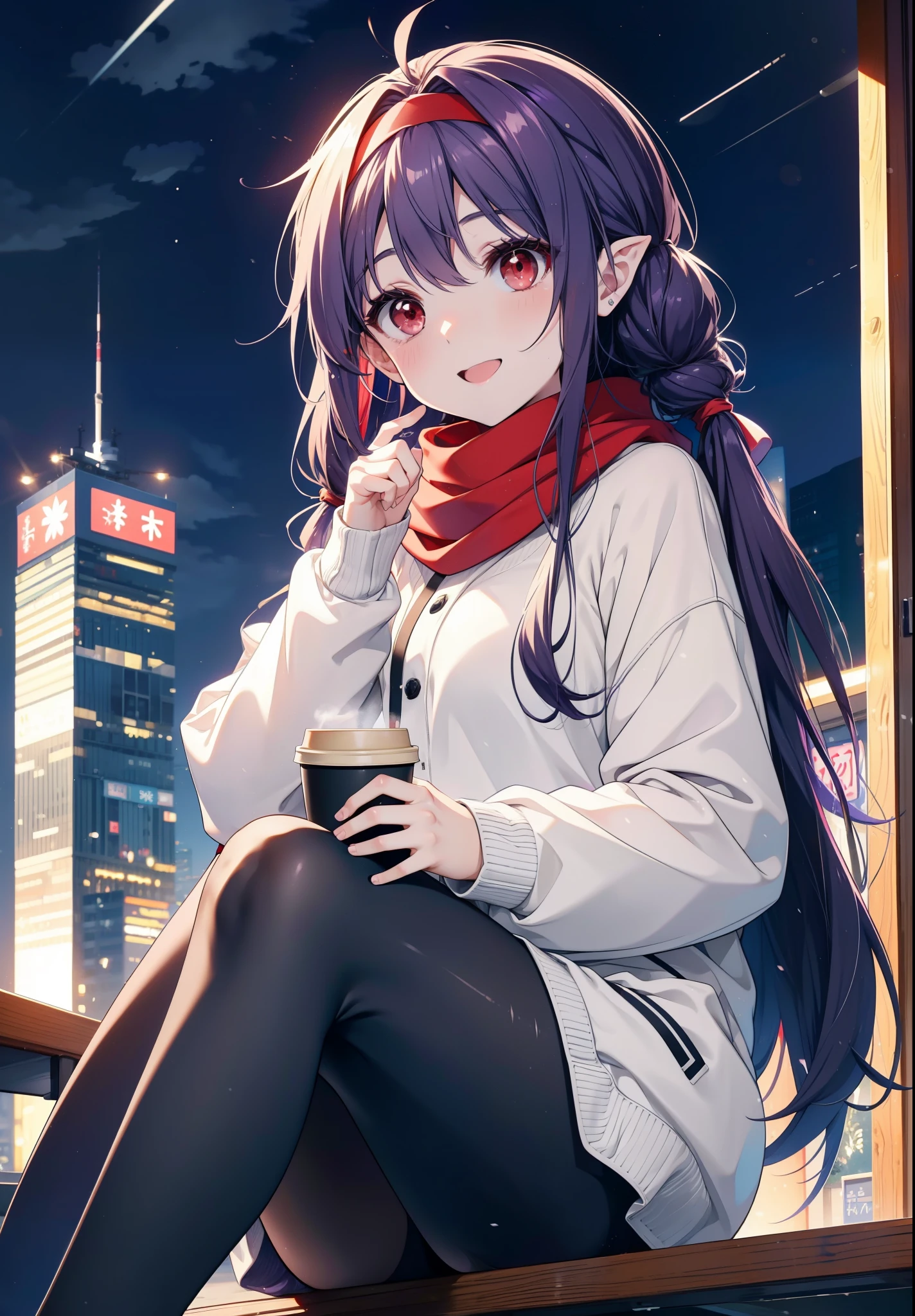 yuukikonno, Konno Yuuki, Long Hair, Pointed Ears, Purple Hair, (Red eyes:1.5), (Small breasts:1.2), Open your mouth,happy smile, smile, Open your mouth,hair band,low twin tail,Red Scarf,Oversized purple hoodie,Long skirt,Black pantyhose,short boots,Holding a paper cup of coffee in both hands,Sitting on a bench,snowが降っている,snowが降り積もっている,snow,snow,snow,snow,snowが積もった木,winter,Cold Sky,night,whole bodyがイラストに入るように,
break looking at viewer, whole body,
break outdoors, garden,
break (masterpiece:1.2), Highest quality, High resolution, unity 8k wallpaper, (figure:0.8), (Beautiful attention to detail:1.6), Highly detailed face, Perfect lighting, Highly detailed CG, (Perfect hands, Perfect Anatomy),