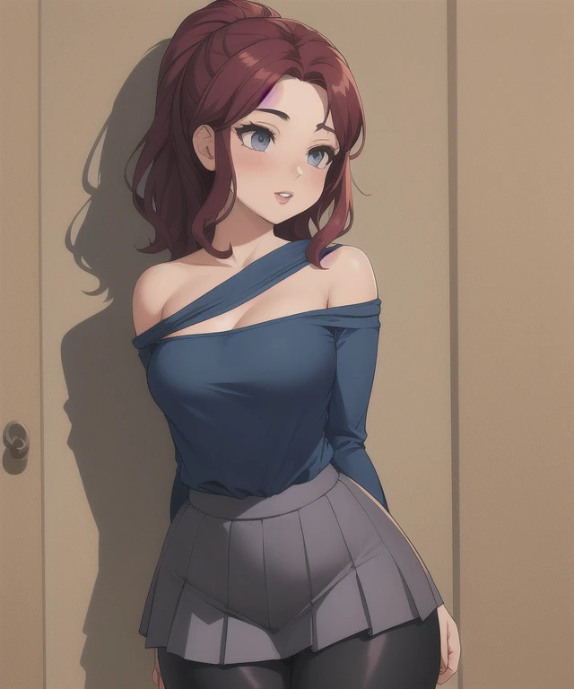 (best quality), (masterpiece), 1 girl, early 20's, small breasts, busty, perky breasts, thick, thick lips, wide hips, thin waist, wearing off the shoulder shirt, top that covers the stomach, wearing pleated skirt, wearing leggings
