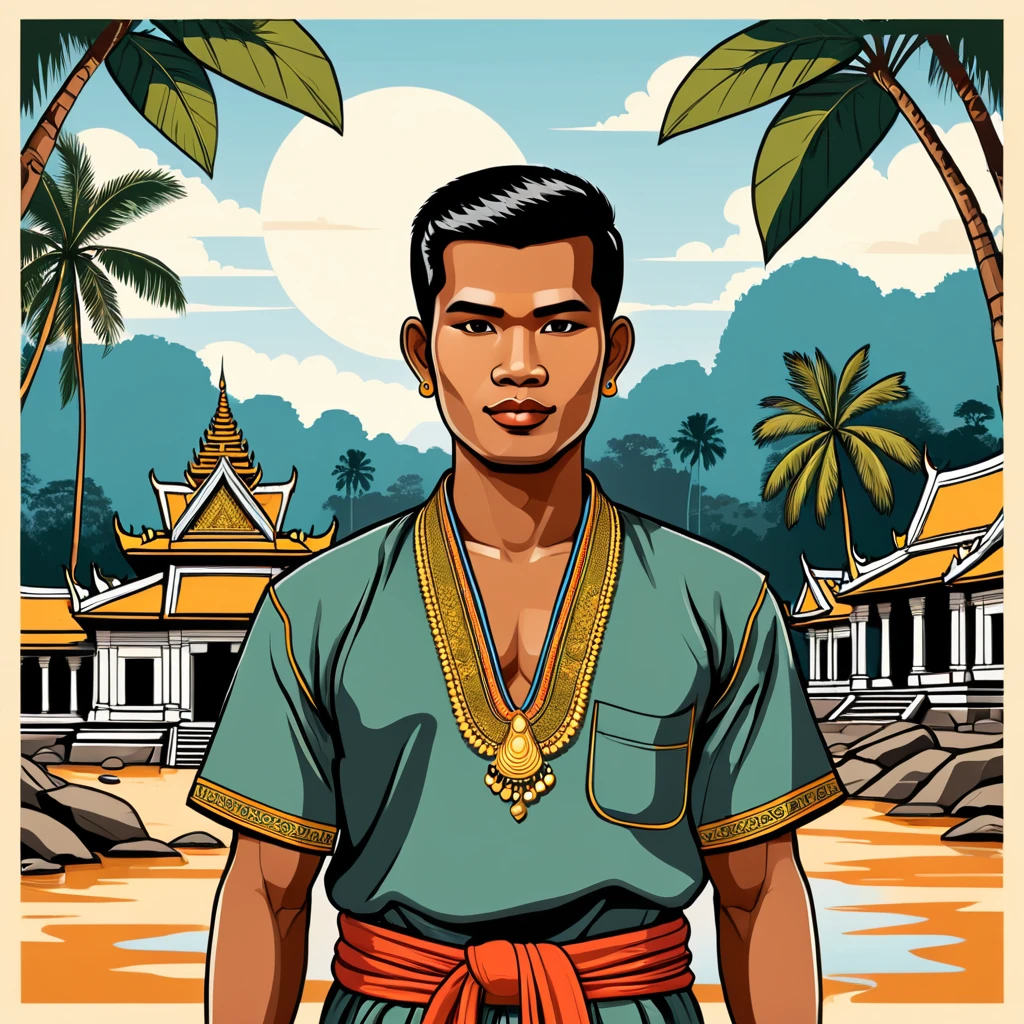 man in cambodia folk outfit, vector graphics, strong contours
