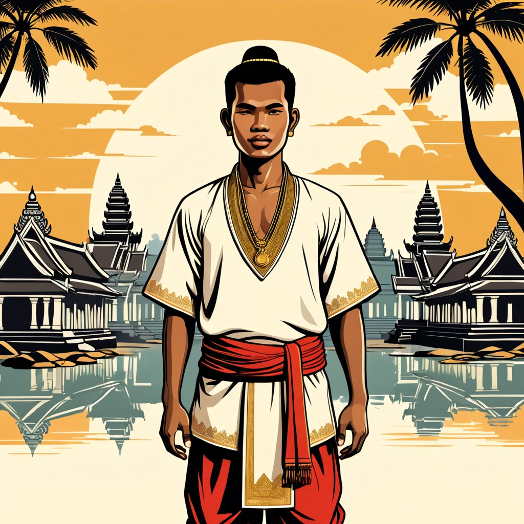 man in cambodia folk outfit, vector graphics, strong contours