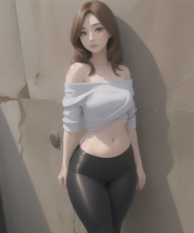 (best quality), (masterpiece), 1 girl, early 20's, small breasts, busty, perky breasts, thick, thick lips, wide hips, thin waist, wearing off the shoulder shirt, top that covers the stomach, wearing pleated skirt, wearing leggings