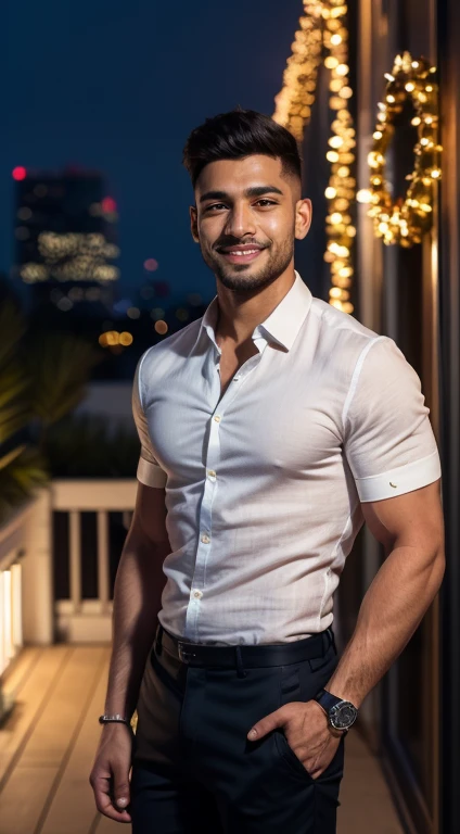 (((hyper realistic face)))(((extreme realistic skin detail))) (face with detailed shadows) (masterpiece, highest quality), (realistic, photo_realistic:1.9), ((Photoshoot))) A very muscular indian young man with slightly tan skin, very short hair, and a charismatic smile, captured laughing and looking to the side in a relaxed pose with one hand in his pocket and the other holding a drink. He has a masculine face with distinct features. He wears a white short-sleeved linen shirt, black chino pants, and sockless boat shoes, complemented with accessories like a stylish watch and some leather or metal bracelets. He has a broad and muscular neck, thick arms with tight-fitting shirt sleeves, a wide chest with the shirt semi-open to reveal a muscular and lightly hairy chest, a slim waist, thick legs and thighs with tight-fitting pants on the buttocks and thighs. He is at a Christmas on the rooftop terrace of a hotel in Miami at night, surrounded by 3 people enjoying the festive atmosphere, with festive lights, Christmas decorations, and a stunning view of the city. The photo, perfect for Instagram, is taken with a Canon EOS 5D Mark IV in RAW configuration and a wide-angle lens, using backlighting to highlight the festive atmosphere, the silhouette of the very muscular young man, and the people in the environment, with sharp focus and careful composition for maximum visual impact. sharp focus, 8k, UHD, high quality, frowning, intricate detailed, highly detailed, hyper-realistic