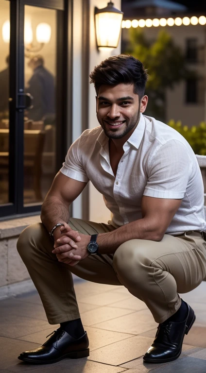 (((hyper realistic face)))(((extreme realistic skin detail))) (face with detailed shadows) (masterpiece, highest quality), (realistic, photo_realistic:1.9), ((Photoshoot))) A very muscular indian làtino young man with slightly tan skin, very short hair, and a charismatic smile, captured laughing and looking to the side in a relaxed pose with one hand in his pocket and the other holding a drink. He has a masculine face with distinct features. He wears a white short-sleeved linen unbuttoned shirt, black chino pants, and formal shoes, white socks, complemented with accessories like a stylish watch and some leather or metal bracelets. He has a broad and muscular neck, thick arms with tight-fitting shirt sleeves, a wide chest with the shirt full-open to reveal a muscular and lightly hairy chest, a slim waist, thick legs and thighs with tight-fitting pants on the buttocks and thighs. He is at a Christmas  on the rooftop terrace of a hotel in Miami at night, surrounded by 3 people enjoying the festive atmosphere, with festive lights, Christmas decorations, and a stunning view of the city. The photo, perfect for Instagram, is taken with a Canon EOS 5D Mark IV in RAW configuration and a wide-angle lens, using backlighting to highlight the festive atmosphere, the silhouette of the very muscular young man, and the people in the environment, with sharp focus and careful composition for maximum visual impact. sharp focus, 8k, UHD, high quality, frowning, intricate detailed, highly detailed, hyper-realistic