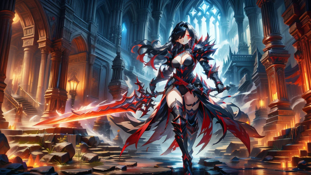 masterpiece, best quality, high quality, detailed, ultra detailed, hyper detailed, insanely detailed, exquisite, beautiful, FHD, Full-HD, 4K, 8K, 16K, highres, absurdres,Overall reddish black, ((One sexy lady)),mystic knight, serious look, sword fighting, covering one eye, black hair, red eyes, armor, long boots, with a sword, fantasy,hailoknight, holding sword, holding weapon,cowboy shot