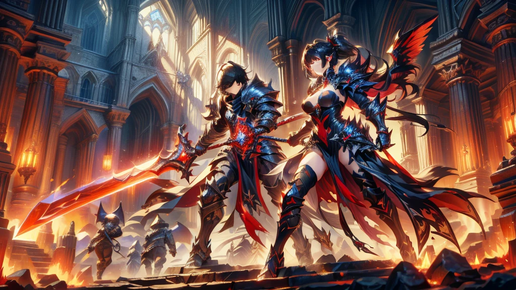masterpiece, best quality, high quality, detailed, ultra detailed, hyper detailed, insanely detailed, exquisite, beautiful, FHD, Full-HD, 4K, 8K, 16K, highres, absurdres,Overall reddish black, ((One sexy lady)),mystic knight, serious look, sword fighting, covering one eye, black hair, red eyes, armor, long boots, with a sword, fantasy,hailoknight, holding sword, holding weapon,cowboy shot
