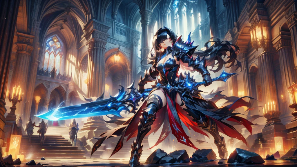 masterpiece, best quality, high quality, detailed, ultra detailed, hyper detailed, insanely detailed, exquisite, beautiful, FHD, Full-HD, 4K, 8K, 16K, highres, absurdres,Overall reddish black, ((One sexy lady)),mystic knight, serious look, sword fighting, covering one eye, black hair, red eyes, armor, long boots, with a sword, fantasy,hailoknight, holding sword, holding weapon,cowboy shot