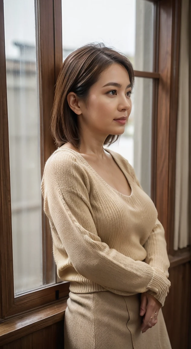 stand comfortably while looking away from the center of the screen., Be quiet and be serious(Serious), Look at your face., 50 year old mature Japanese woman with average body shape., Rain outside the window with the garden in the background, making the garden out of focus on a rainy day., anatomically correct, With slightly larger breasts and a nice body., Light brown straight hair that reaches her shoulders and a sweater, wearing a skirt, Please describe the skin in detail and texture., Including the details of the wrinkles on the face. . Please also take a photo of me playing solo in a cowboy shot style... with the background of the balcony above the house, the atmosphere is sunset