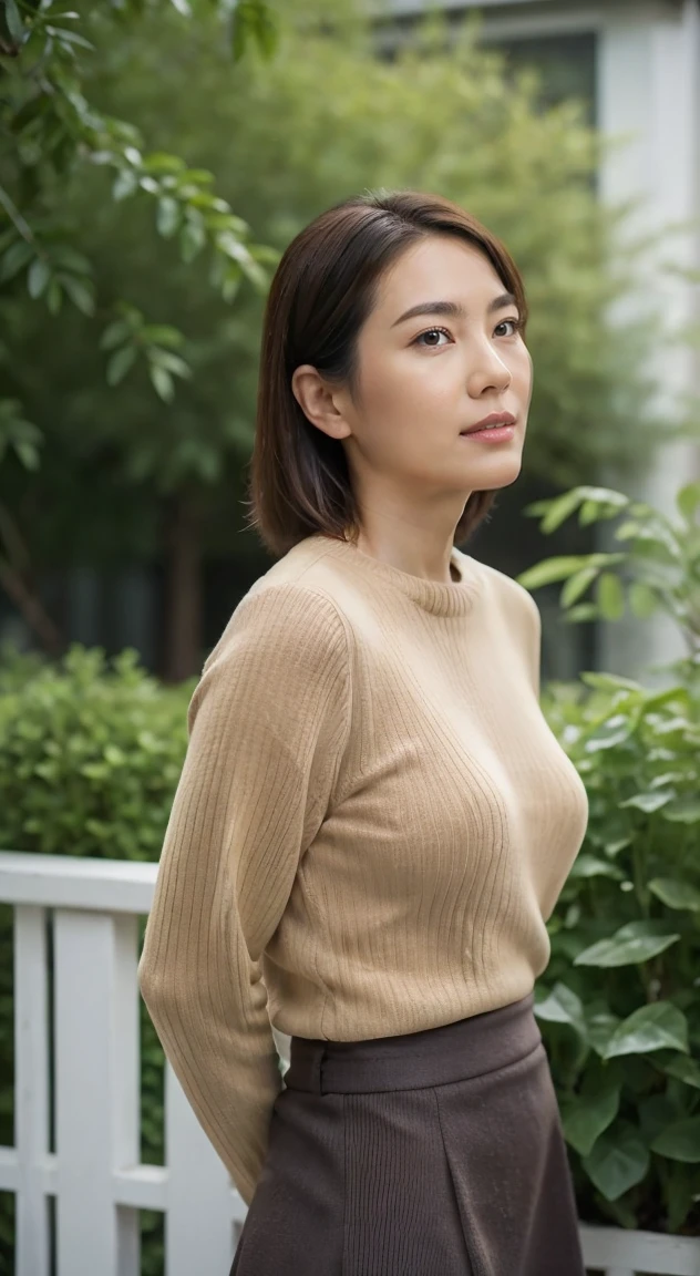 stand comfortably while looking away from the center of the screen., Be quiet and be serious(Serious), Look at your face., 50 year old mature Japanese woman with average body shape., Rain outside the window with the garden in the background, making the garden out of focus on a rainy day., anatomically correct, With slightly larger breasts and a nice body., Light brown straight hair that reaches her shoulders and a sweater, wearing a skirt, Please describe the skin in detail and texture., Including the details of the wrinkles on the face. . Please also take a photo of me playing solo in a cowboy shot style... with the background of the balcony above the house, the atmosphere is sunset