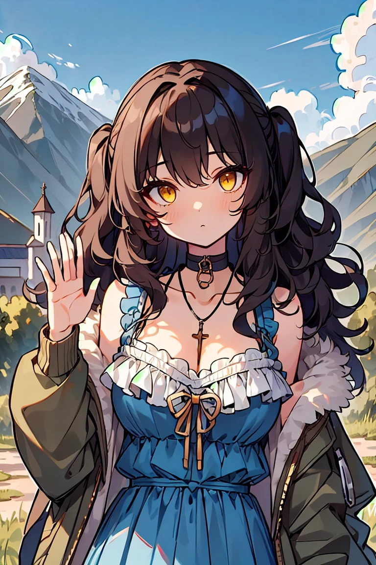 (masterpiece:1.2), (high quality:1.2), girls with((black hair, yellow eyes, (wavy long hair, one side up:1.52), bare shoulders, breasts, choker, cleavage, coat, collar, collarbone, cowboy shot, dress, blue clothes, camisole, (rosary, rosary choker, cross:0.7), necklace, fur, fur collar, fur trim, hood down, hooded jacket, hoodie, jacket, large breasts, long hair, long sleeves, black belt, suspenders, medium breasts, medium hair, necklace, open clothes, open hoodie, sleeveless, solo, winter clothes, zipper, cleavage, upper body, hand up, waving, palm)), background with((architecture, blue sky, bush, castle, village, no humans, cloud, cloudy sky, day, field, garden, grass, hill, house, lamppost, landscape, mountain, mountainous horizon, nature, no humans, outdoors, scenery, shrine, sky))