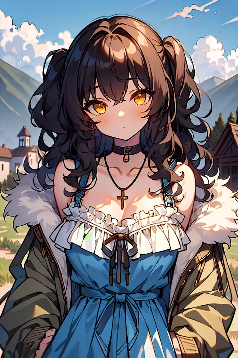 (masterpiece:1.2), (high quality:1.2), girls with((black hair, yellow eyes, (wavy long hair, one side up:1.52), bare shoulders, breasts, choker, cleavage, coat, collar, collarbone, cowboy shot, dress, blue clothes, camisole, (rosary, rosary choker, cross:0.7), necklace, fur, fur collar, fur trim, hood down, hooded jacket, hoodie, jacket, large breasts, long hair, long sleeves, black belt, suspenders, medium breasts, medium hair, necklace, open clothes, open hoodie, sleeveless, solo, winter clothes, zipper, cleavage, upper body, hand up, waving, palm)), background with((architecture, blue sky, bush, castle, village, no humans, cloud, cloudy sky, day, field, garden, grass, hill, house, lamppost, landscape, mountain, mountainous horizon, nature, no humans, outdoors, scenery, shrine, sky))