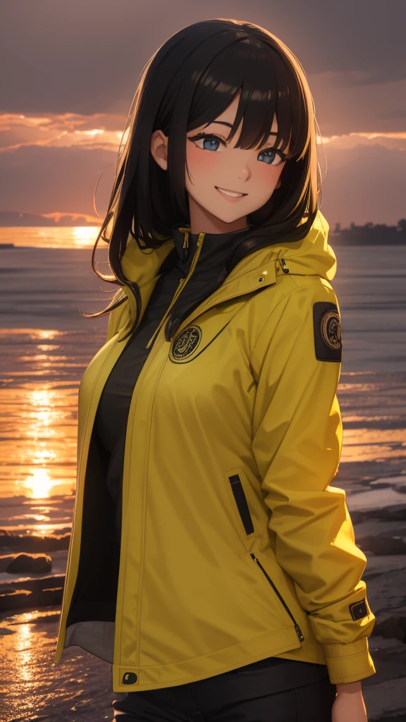 Masterpiece, Best Quality, detailed, 1 girl, rain jacket, close jacket, sunset, rain, SMILE