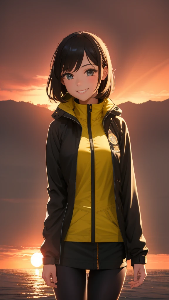 Masterpiece, Best Quality, detailed, 1 girl, rain jacket, close jacket, sunset, rain, SMILE