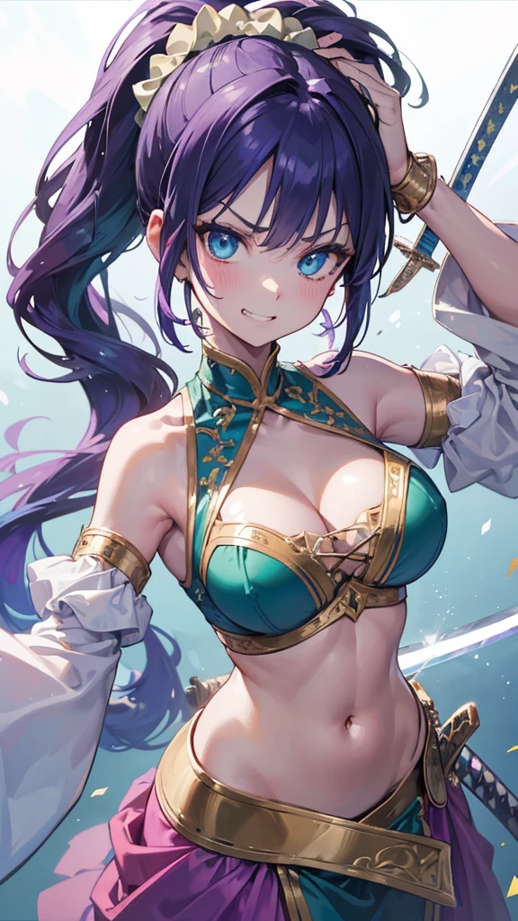 Best quality, Ultra detailed, best quality, insanely detailed, beautiful, masterpiece, 8k, 
break  
Colorful background, refraction Glowing white lines ,Crossing Light,light particles
break 
1lady, (gripping sword :1.5) purple hair, long hair, high ponytail, (hair scrunchie :1.2) , green scrunchie,blue eyes, ultra detailed eyes,(bellydancer:1.3)purple clothes,abs, navel, Showcasing cleavage,
Break
upper body, (great joy;1.5), (evil grin:1.2), ,(scowl:1.1), (stare at viewer:1.5),(ecstasy:1.3) ,(vulgarity:1.3),(wet:0.8),(drooling:0.6),(sweat:0.8),