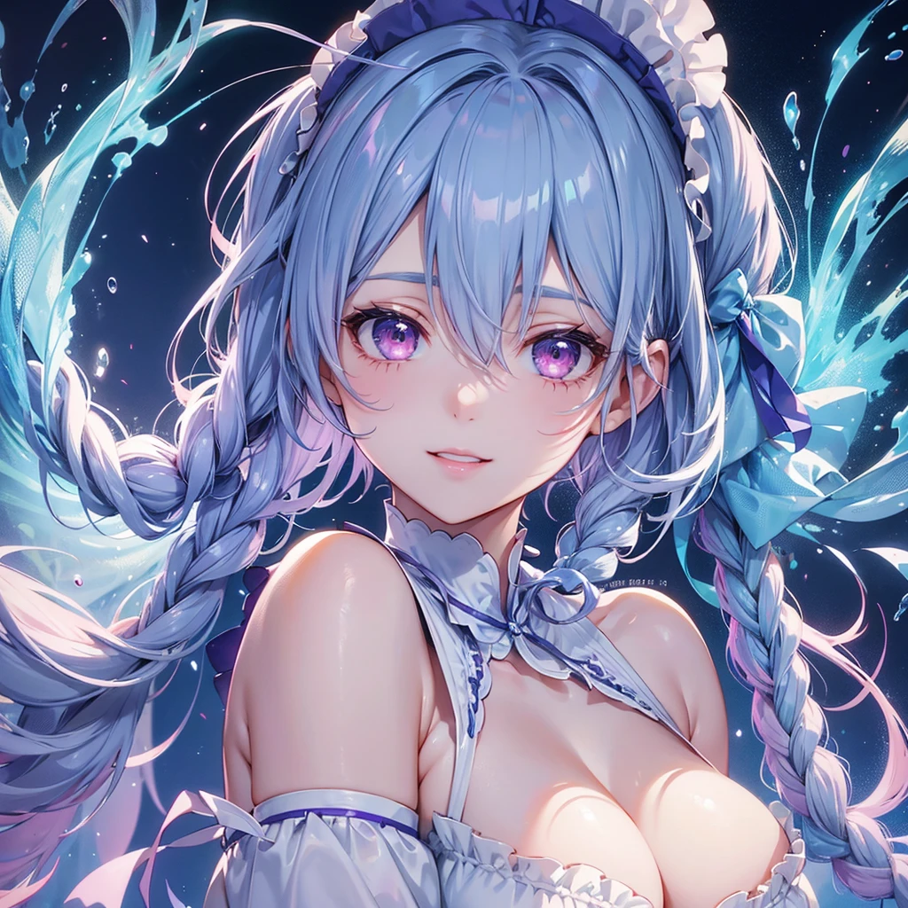 (Light blue medium hair),(Braided hair tied together)、Pink eyes、Fair skin、(whole body)、Halloween Night、Cosplay、nurse、A big smile、A dignified figure、solo、(masterpiece、Highest quality、Very detailed、Best Shadow)、(Detailed Background)、(Beautifully detailed face)、High contrast、(Best lighting、Very delicate and beautiful)、((Cinematic Light))、colorful、Hyper Detail、Dramatic Light、Exquisite detail、