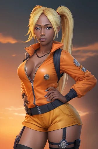 (Naruko Uzumaki:1.2 sexy woman), going, (Caucasian skin:1.1), (twintails:1.1), (adjusting:0.8), (dark skinned female:1.1), (breasts big:1.1), Broad Hips, Shorts, (neckleace:1.1), fishnet stocking, glad, ssmile, embarrased, (thigh holsters:1.1), (orange jacket:1.1), (forehead protector:1.15), in a medieval Japanese village, detailed back ground, (standing alone:0.9), work of art, HDR, details Intricate, cowboy shot, (blue detailed eyes:1.1), (realistic digital drawing:0.9) woman white girl full body skin