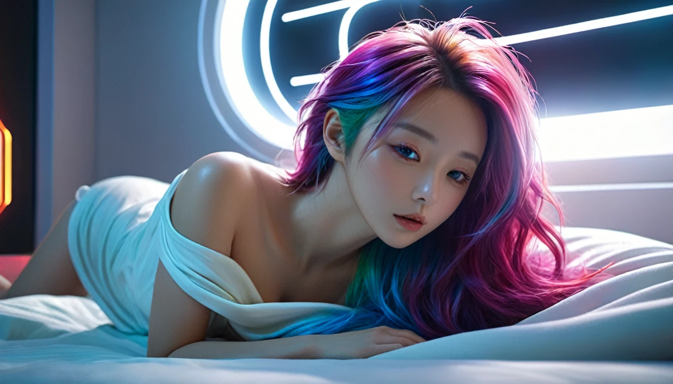 (Highest quality,8k,Very detailed:1.2),(CG,CG Art,3D Rendering),(masterpiece:1.2),(Crawling on the table),(Sexy Outfits),(Cinema Lighting,Futuristic),(Woman lying in bed,Sleep,close your eyes),(The big window behind her,quiet night),(Colorful Hair:1.5)