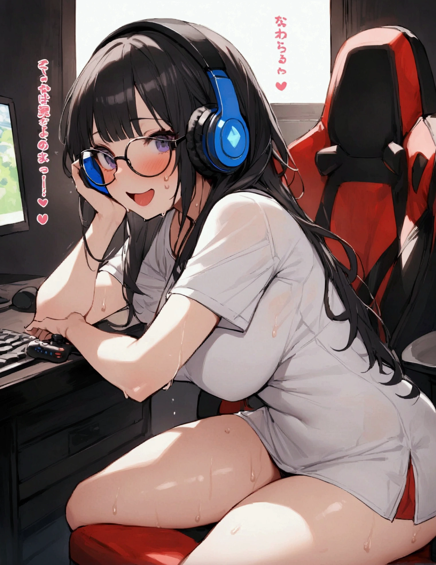 One Woman、beautiful girl、Sit on a chair、Big glasses、Dark Room、computer、Sit in a gaming chair、High-end headphones、Grip the game controller、computerに向き合う、beautiful girl, Highest quality, T-Shirts、Short skirt、Thick thighs、Big 、Big Ass、Black Hair、long hair、Bangs、Sweaty body、I'm sweating all over、Lewd sound effects、Excited、Stripes々Panties、Play naughty games