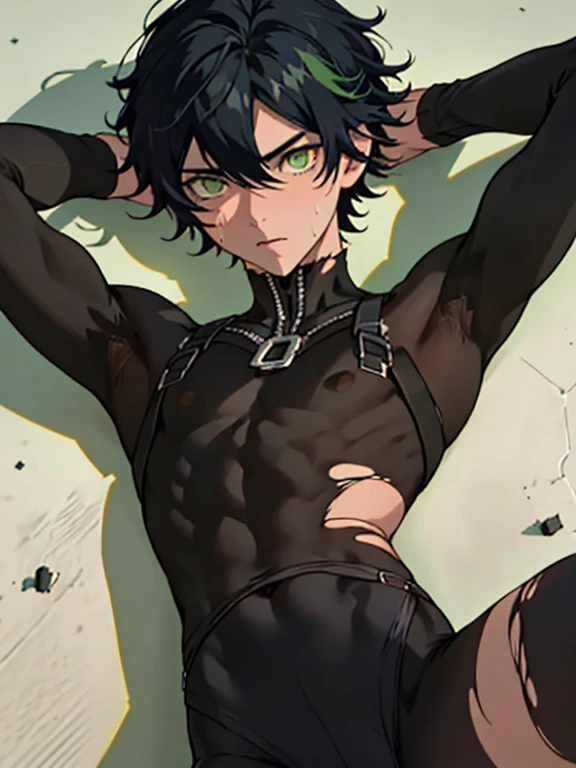 ((Fine details)), Best Shadow,Cinema Lighting,Highest quality,((Very detailed)) masterpiece The body is slim Embarrassing Black Hair Yellow-green eyes Torn tights Electricity began get wet Big eyes thin The suit was torn Upper body naked sweating Delicate body Pitch black tights Corruption High saturation Six-headed body boy Ryona Hurt torture Clothing saturation 0 I was injured High chance of losing Skin is visible in places shout View from below Overall image Femboy Light hits the skin Baby Face Fallen Lying Skinny body Lying down punish young Flexible body Mind control T-bag Round face Flat face Rear view