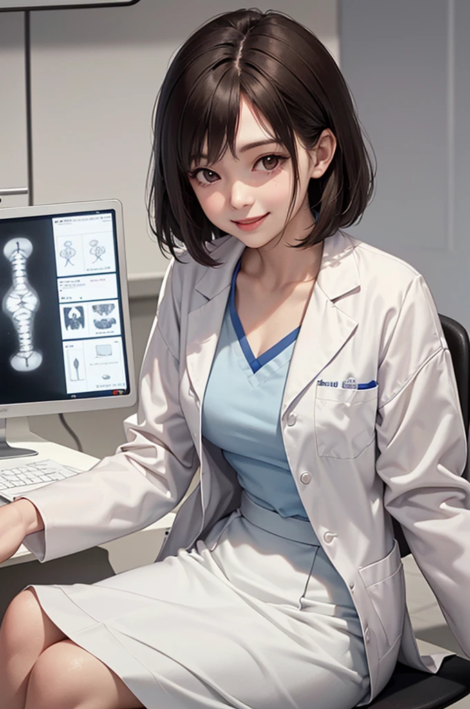 Doctor, 1 woman, solo, sitting (Looking at the audience), (white lab coat), long skirt ,Stylish clothes mature woman /(dark brown hair/) Bangs, smiling kindly (The best quality masterpiece:1.2) , Delicate illustrations, Special details, (hospital examination room) In the building, desk (X-ray image of the lungs:1.2) Detailed background