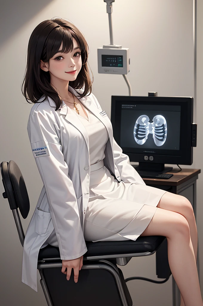 Doctor, 1 woman, solo, sitting (Looking at the audience), (white lab coat), long skirt ,Stylish clothes mature woman /(dark brown hair/) Bangs, smiling kindly (The best quality masterpiece:1.2) , Delicate illustrations, Special details, (hospital examination room) In the building, desk (X-ray image of the lungs:1.2) Detailed background