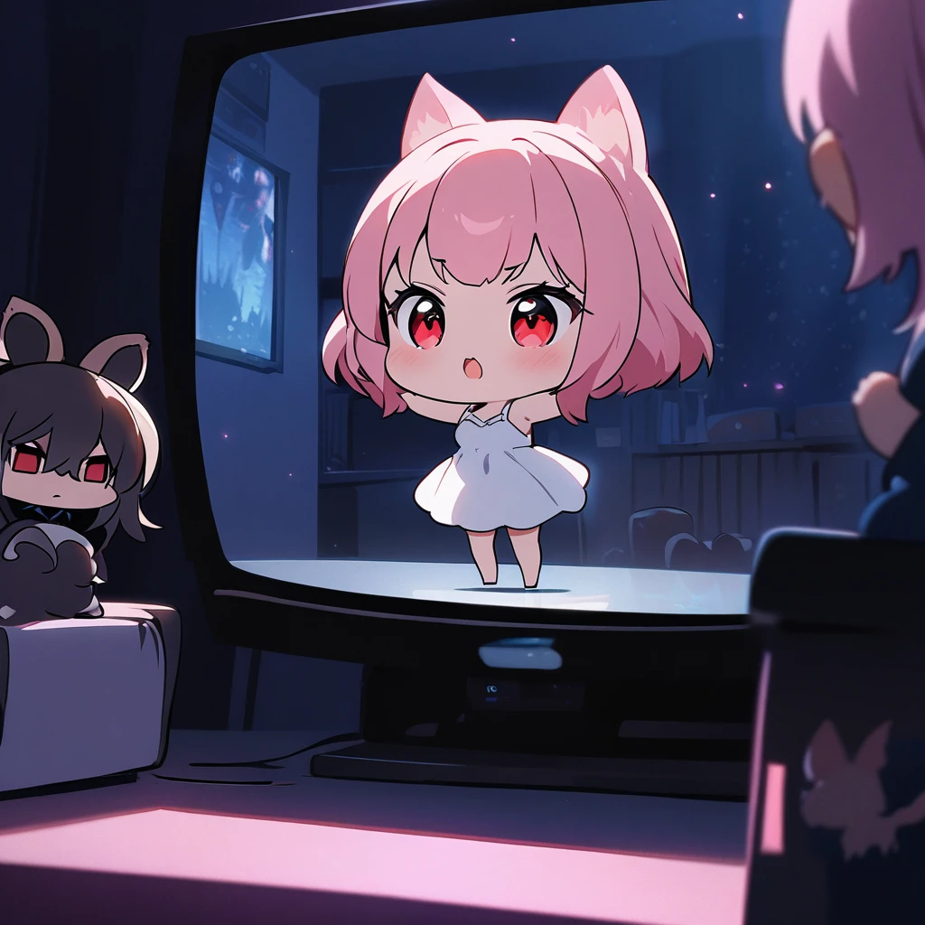 Top quality, masterpiece, chibi character, pink hair, girl with animal ears, red eyes, long white dress,Dimly lit room, ((jump out from the TV screen)), dark night,movie film style