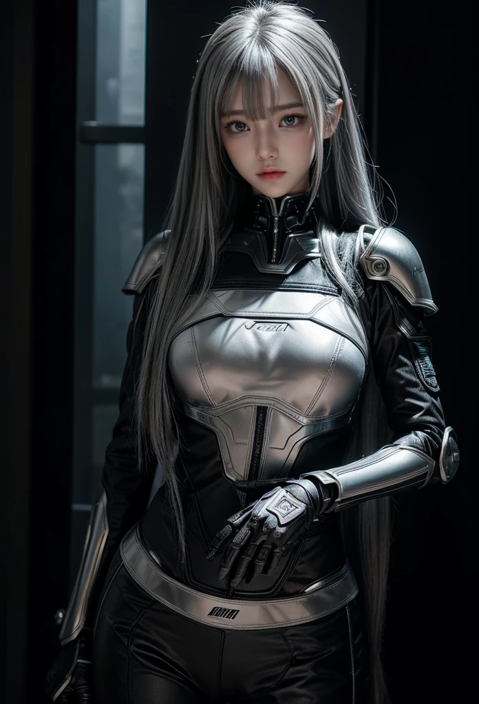 cyber angel,machine wing,{{Sci-Fi Armor}},cyber suit,cyberpunk,science fiction,cyber battle armor,Battledress,Military Uniforms,pants,black military uniform,whole body,Height: 168cm,almond shape eyes,{{{{{silver eyes}}}}},{{{{{dull bangs}}}}},(slanted eyes},{{whole body},{{{1 girl}}}, long hair, straight hair,{{{{silver hair}}}},{{{tsurime}}},30 years old,{Medium chest},{{bush}},silver eyes,{{{masterpiece}}}, {{{highest quality}}}, {{Super detailed}}, {shape}, {{very delicate and beautiful}},very detailed,detailed perfect,detailed hyper,Abundant thighs,big ass,black clothes