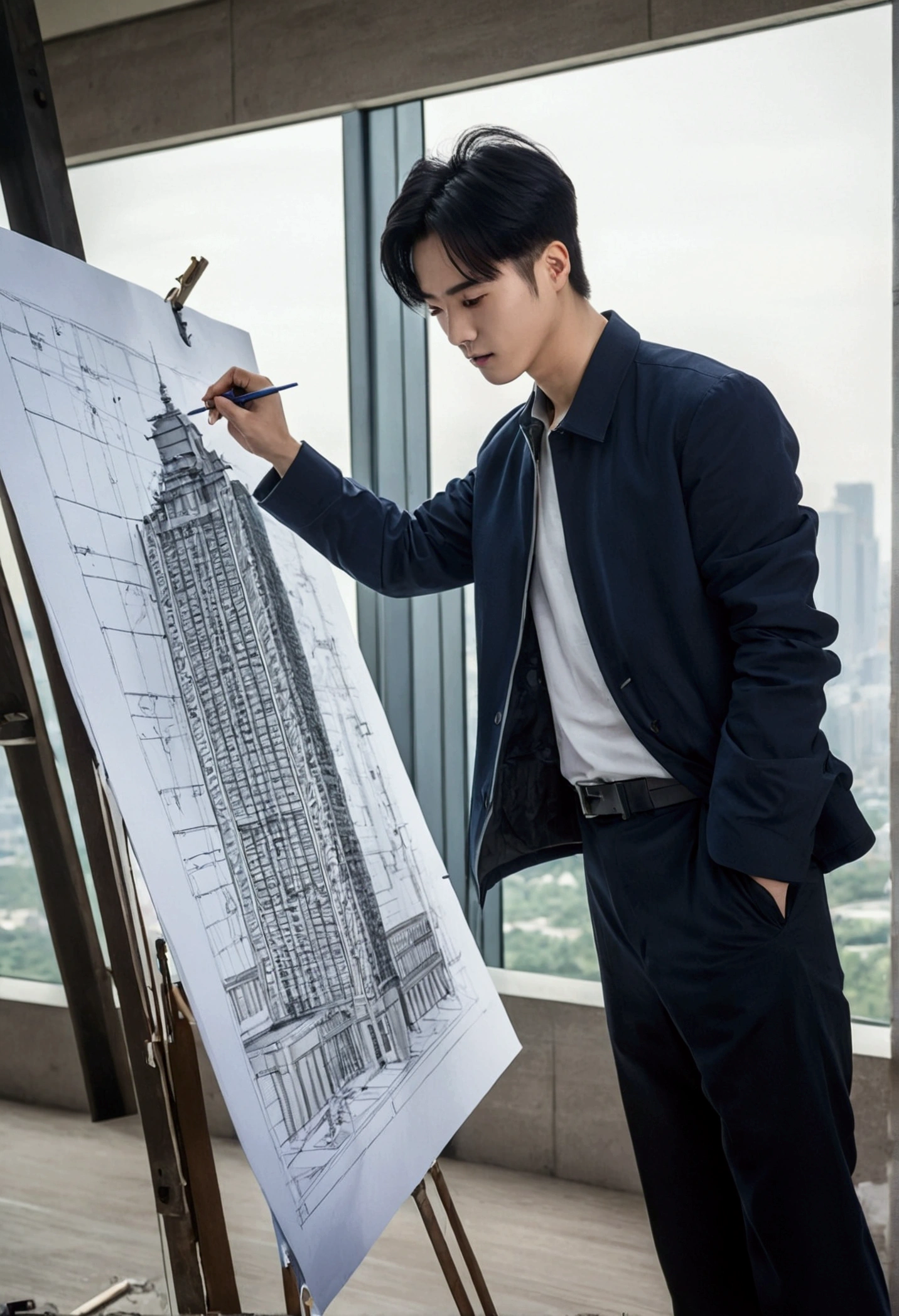 Wang Yibo , Chinese actor, full body, working as an engineer at high rise building, downtown, beyond the meadow, checking and examining architectural drawing, XF IQ4, 150MP, 50mm, ISO 1000, 1/250s, natural light, Adobe Lightroom, photolab, Affinity Photo, PhotoDirector 365.