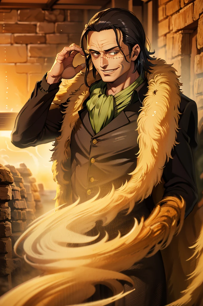 masterpiece, best quality, extremely detailed, hyperrealistic, photorealistic, a cool 40s man, ultra detailed face:1.2, fur-trimmed coat, scarf around the neck, his left hand is a golden pirate hook:1.1, sly smile, in sandstorm
