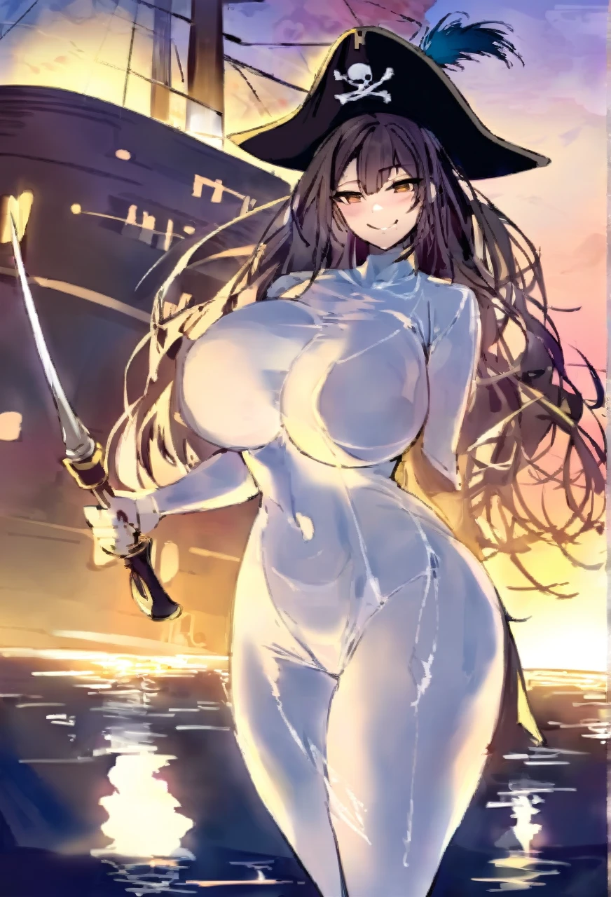 (masterpiece), best quality, expressive eyes, perfect face, Adult Female, Mature, cocky smile, sweaty, long brown hair, beautiful dreadlocks, dark skin, brown skin, brown eyes, shoulder length hair, Pirate, pirate captain, pirate clothes, cavalier hat, cavalier hat with big feather rapier, standing in front, pirate ship, ocean in the background, ships deck, raiding ship, highly detailed, best detail, excellent detail, perfect anatomy, perfect hands, perfect fingers, low light, dim lighting
