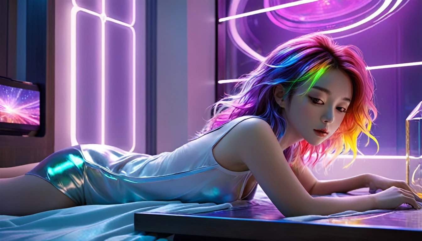 (Highest quality,8k,Very detailed:1.2),(CG,CG Art,3D Rendering),(masterpiece:1.2),(Crawling on the table),(Sexy Outfits),(Cinema Lighting,Futuristic),(Woman lying in bed,Sleep,close your eyes),(The big window behind her,quiet night),(Colorful Hair:1.5)