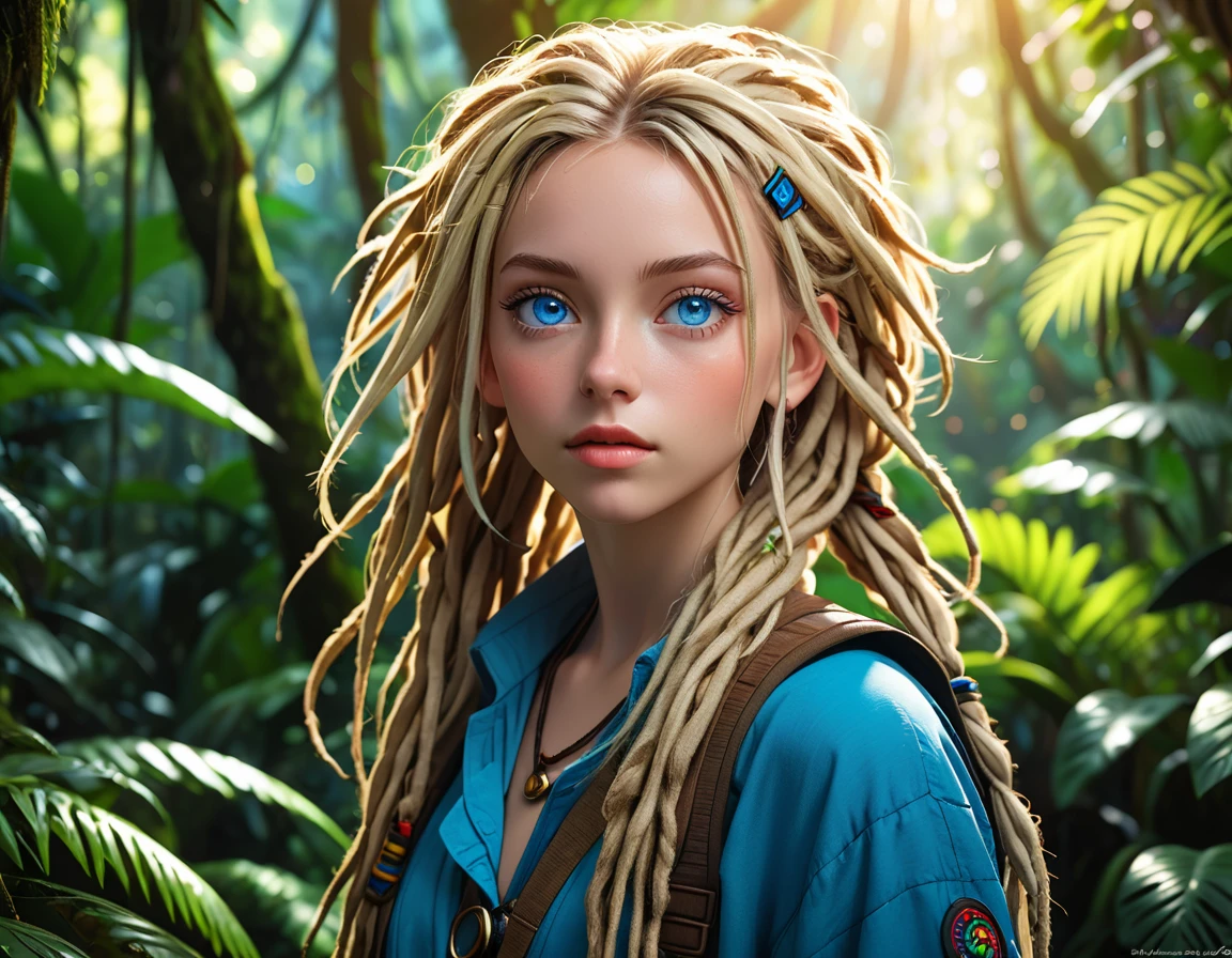 hyper-maximalism, raw photography, ultra-detailed photorealistic textures, artistic bokeh, beautiful girl in classic pose, blonde dreadlocks, blue eyes, expressive eyes, perfect face, rainforest setting , natural lighting, Sony/Zeiss 90mm,f2.8,shutter speed of 1/500s, featured on pixiv, composition cinematic, beautiful lighting, sharp,vray,hdr,32k