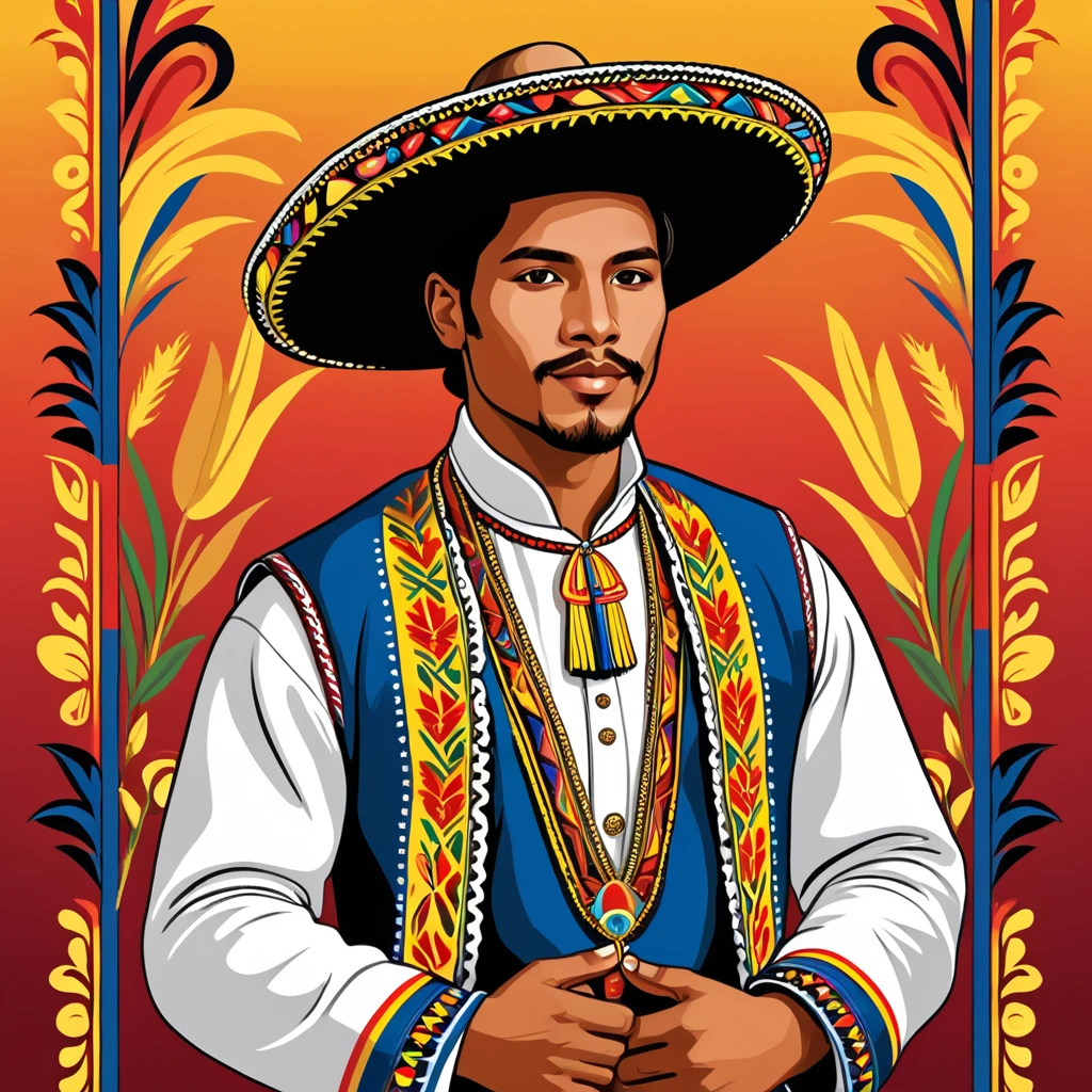 man in ecuador folk outfit, vector graphics, strong contours