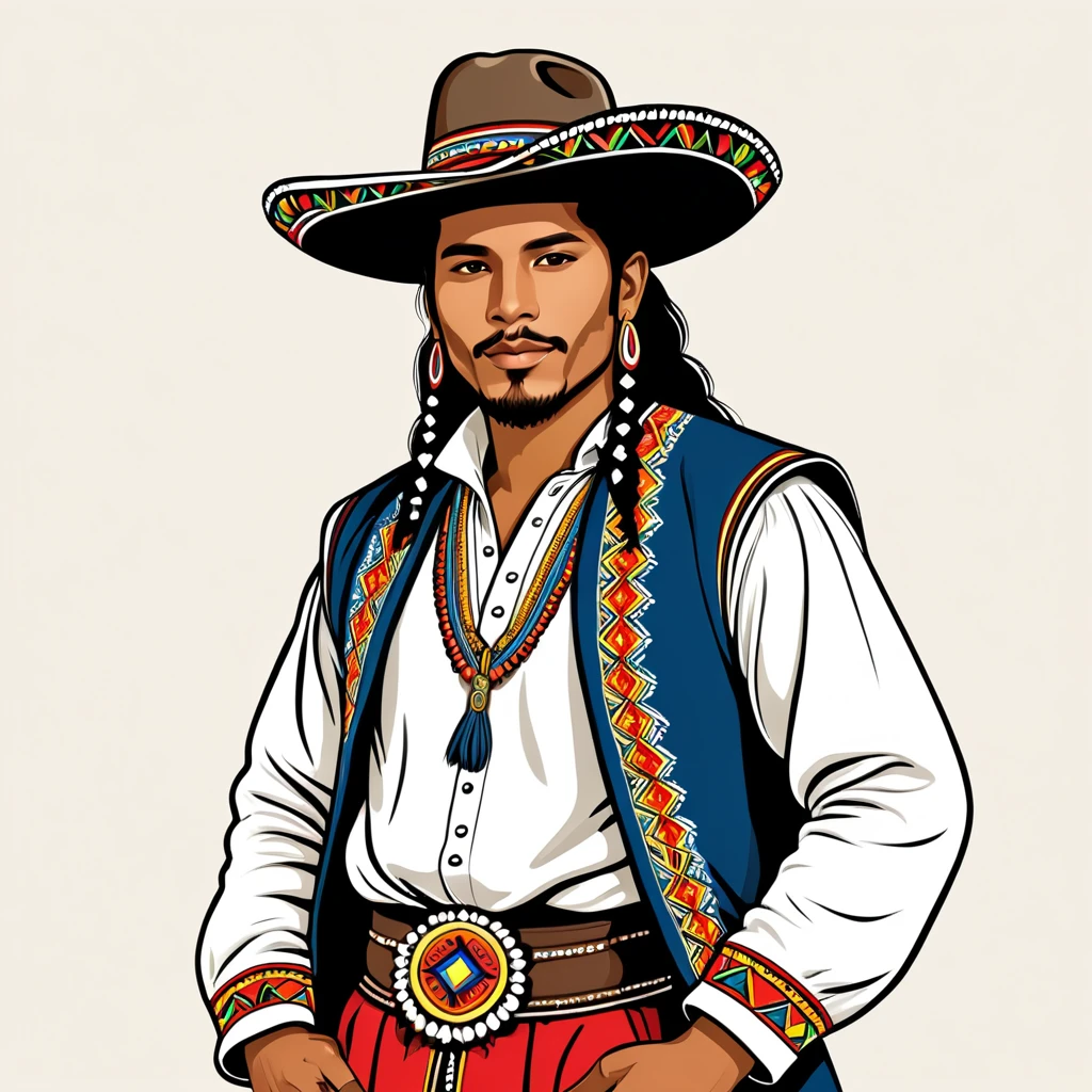 man in ecuador folk outfit, vector graphics, strong contours