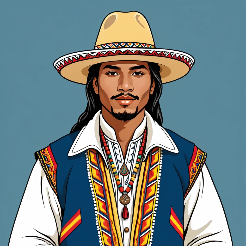 man in ecuador folk outfit, vector graphics, strong contours
