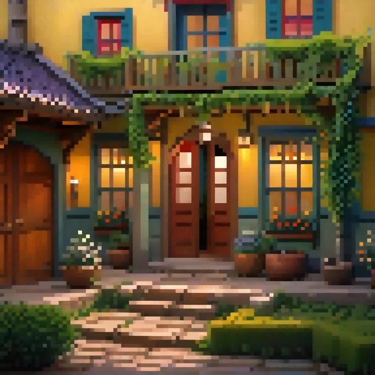 (best quality,8k,highres, masterpiece:1.2), ultra-detailed, HDR, UHD, studio lighting, ultra-fine painting, sharp focus, physically-based rendering, extreme detail description, professional, vivid colors, concept artists, warm color palette, dramatic lighting,An English Western-style house, the door of the building opens to reveal the courtyard, the moon illuminates the fantastic garden, fireflies are flying, and the trees are covered (no humans),(midnight,all house's light are off),