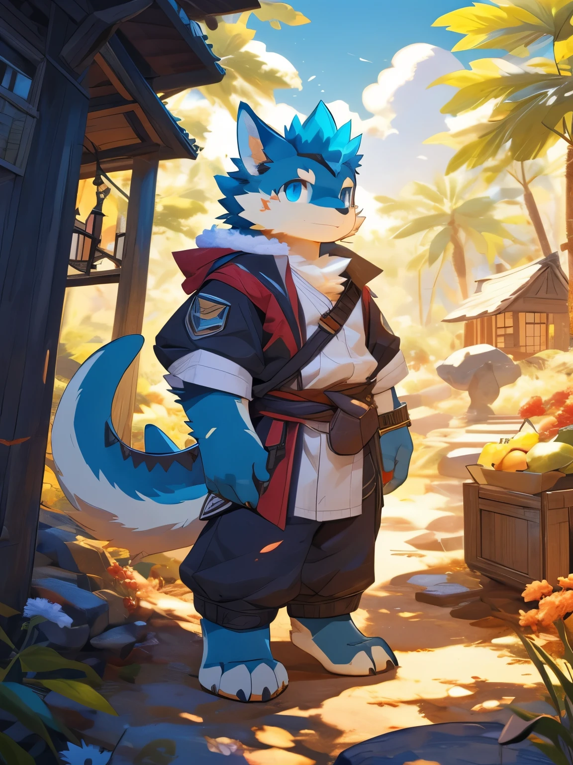 nj5furry，kemono，full-length portrait，anthro，hi res，male，youth，ichthyosaur，strong，Adventurer，Fluffy hair，Plush paw，A tail，Delicate eyes，Detailed eyes