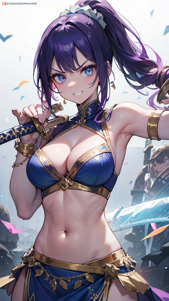 Best quality, Ultra detailed, best quality, insanely detailed, beautiful, masterpiece, 8k, 
break  
Colorful background, refraction Glowing white lines ,Crossing Light,light particles
break 
1lady, (gripping sword :1.5) , fire on sword,purple hair, long hair, high ponytail, (hair scrunchie :1.2) , green scrunchie,blue eyes, ultra detailed eyes,(bellydancer:1.3)purple clothes,abs, navel, Showcasing cleavage,
Break
upper body, (great joy;1.5), (evil grin:1.2), ,(scowl:1.1), (stare at viewer:1.5),(ecstasy:1.3) ,(vulgarity:1.3),(wet:0.8),(drooling:0.6),(sweat:0.8),