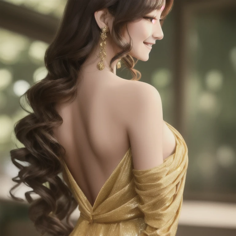 She wears a simple yet elegant gown that hugs her slim figure, the golden fabric shimmering in the soft light. Her beautiful face has a nervous smile as she looks up at you, her golden brown hair tmbles in long waves down her back.