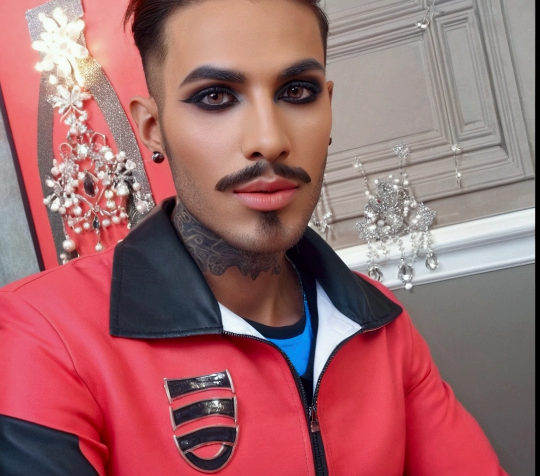 Transform male face into female. Gender: Female One. Characteristics: long and straight hair, brown. make-up: smokey eyes, red lipgloss stick. Accessories: earrings and necklace. Additional modifications: smooth expression lines, thin your nose.