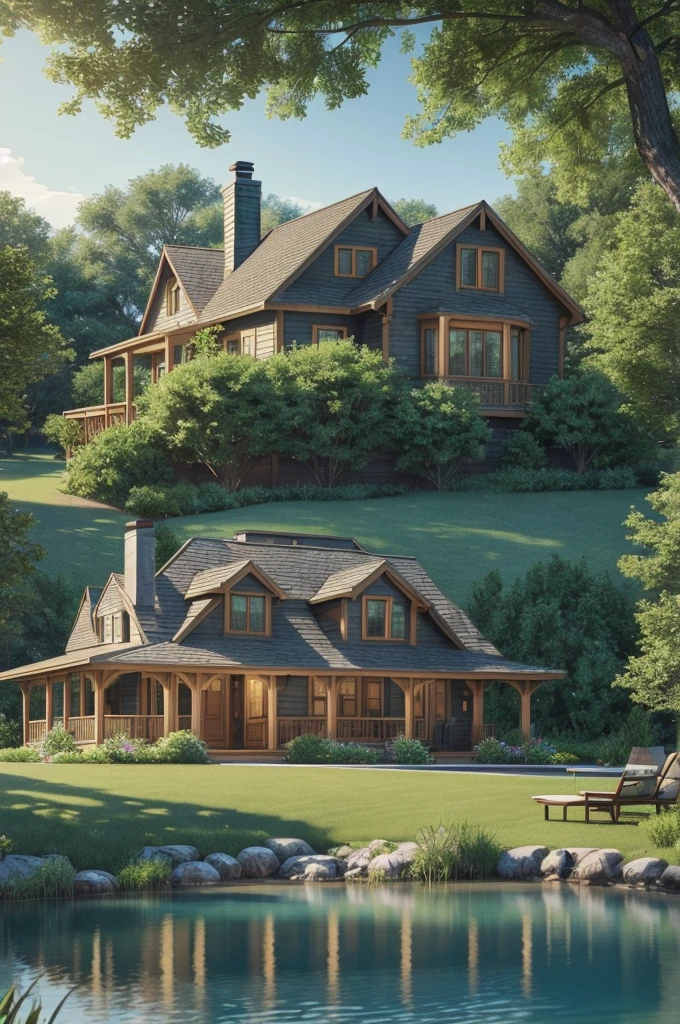 there is a table and chairs on the lawn by the water, a photorealistic rendering, idyllic cottage, pastoral backyard setting, beautiful render of a landscape, summer setting, by Ben Zoeller, summer lake setting, photorealistic landscape, soothing and cozy landscape, beautiful rendering, cottagecore, breathtaking render, masterpiece work of art, lake house, true realistic image