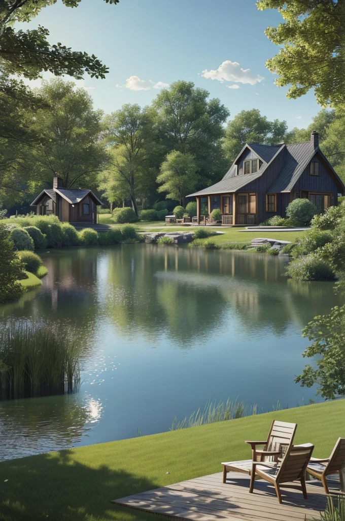 there is a table and chairs on the lawn by the water, a photorealistic rendering, idyllic cottage, pastoral backyard setting, beautiful render of a landscape, summer setting, by Ben Zoeller, summer lake setting, photorealistic landscape, soothing and cozy landscape, beautiful rendering, cottagecore, breathtaking render, masterpiece work of art, lake house, true realistic image